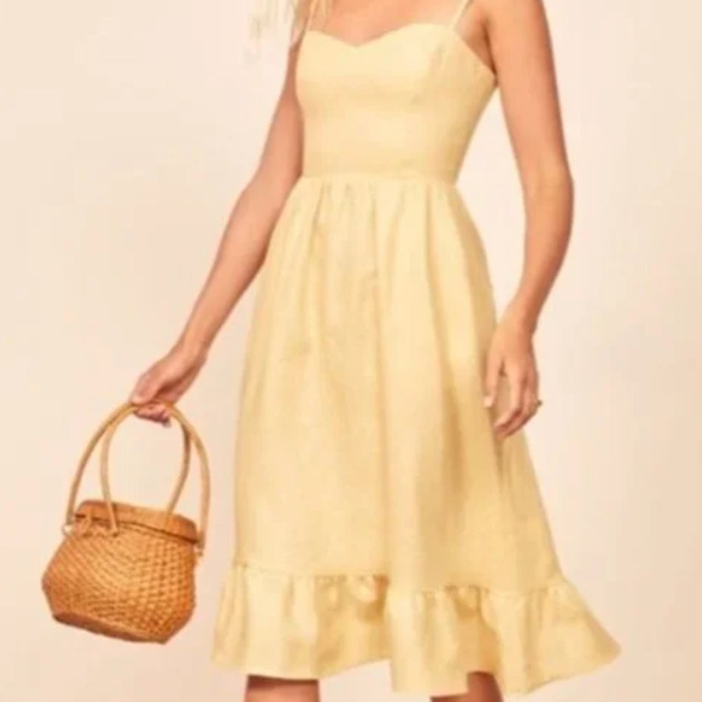 Reformation NWT Eileen Linen Midi Dress Lemon Yellow